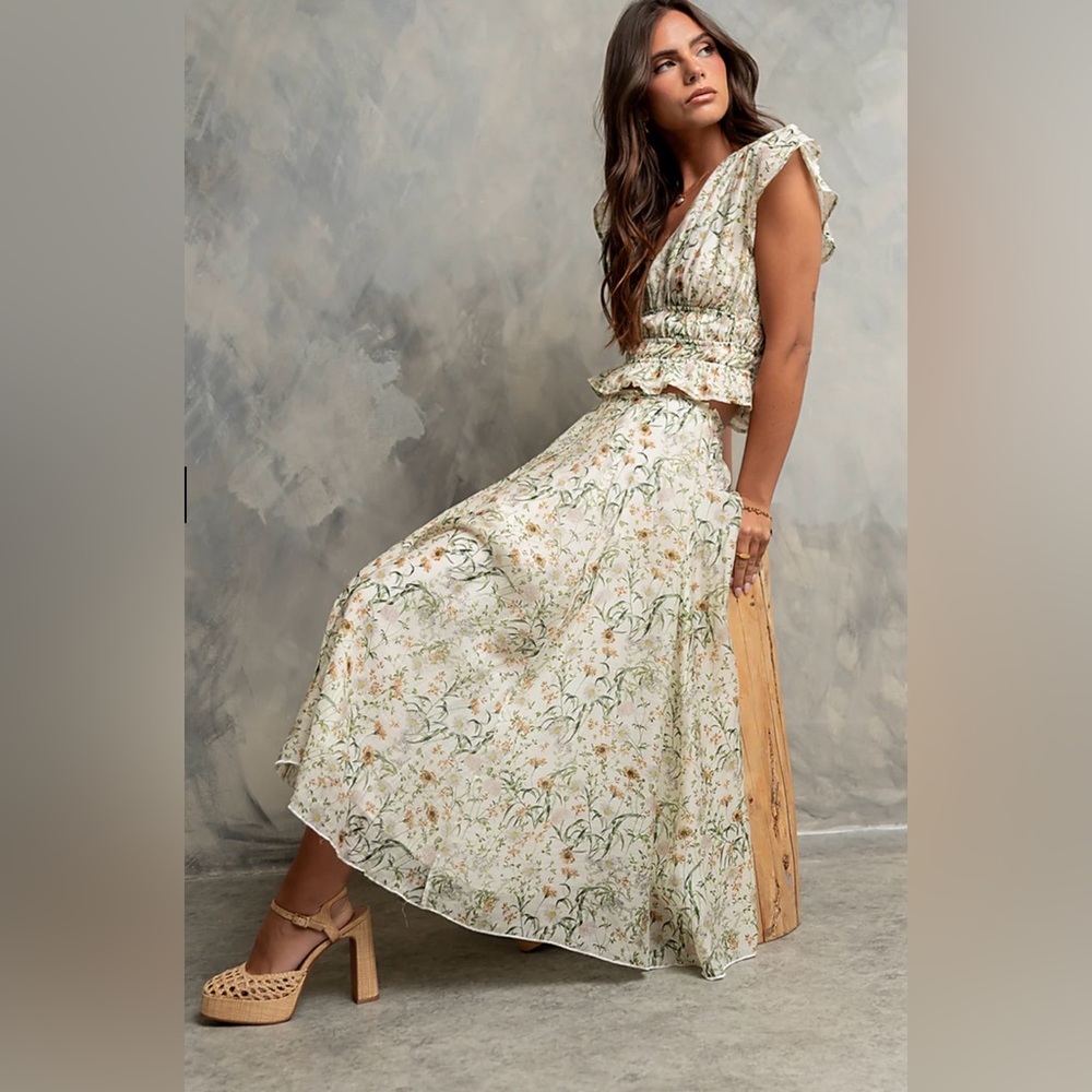 bohme Cream Maxi Skirt with Subtle Green Floral Print
